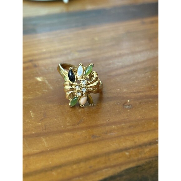 Vintage Gold Tone Ring Costume Jade Onyx Tiger Eye Coral Cubic Zirconia - Picture 4 of 10